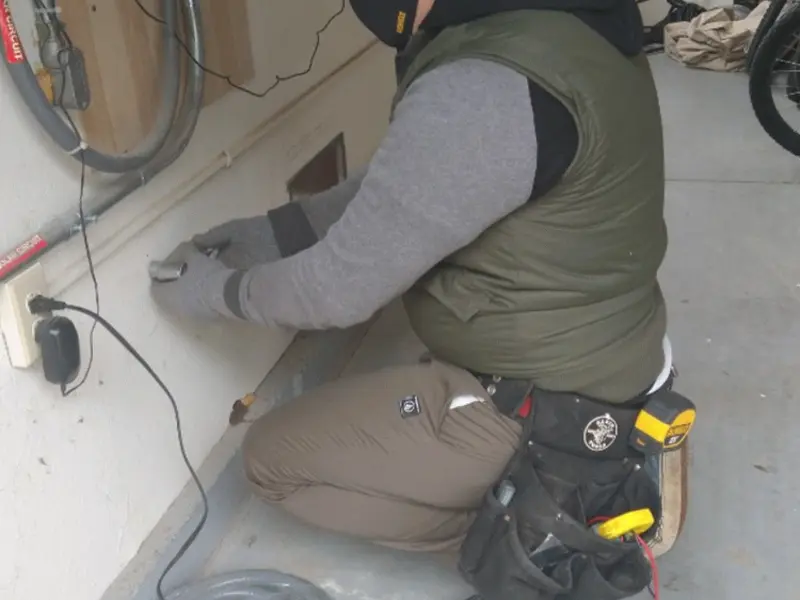 Electrician performing outlet wiring in a North Muskegon garage